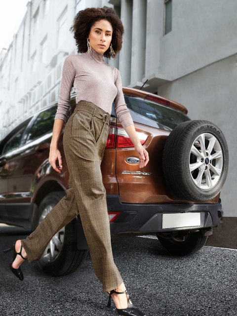 

MANGO Women Brown & Black Sustainable Checked Parallel Trousers