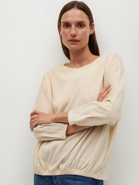 

MANGO Women Beige Self-Striped Cinched Waist Top