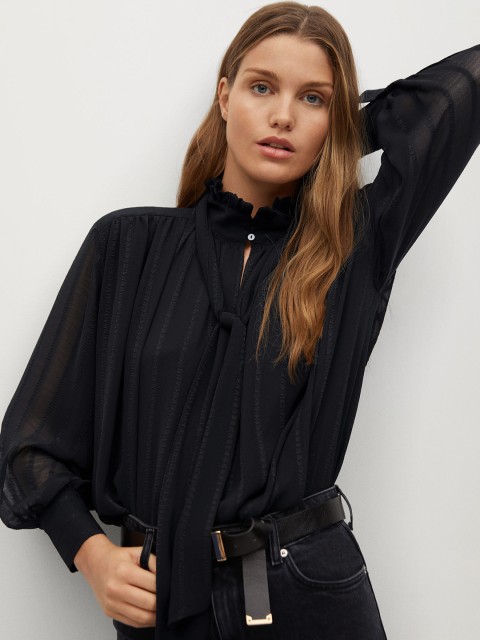 

MANGO Women Black Self-Striped Boxy Top