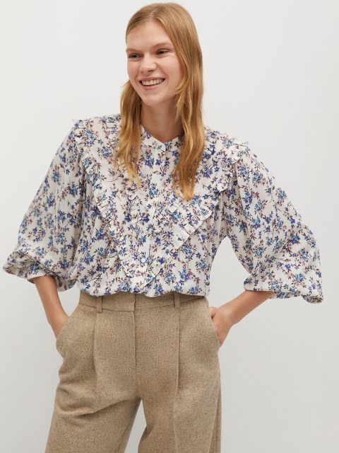 

MANGO Women Off-White & Blue Sustainable Viscose Floral Print Shirt Top