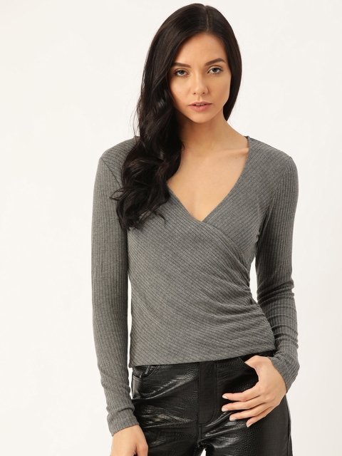 

MANGO Women Charcoal Grey Ribbed Wrap Top