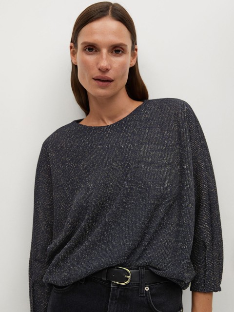 

MANGO Women Navy Blue & Golden Shimmer Blouson Top