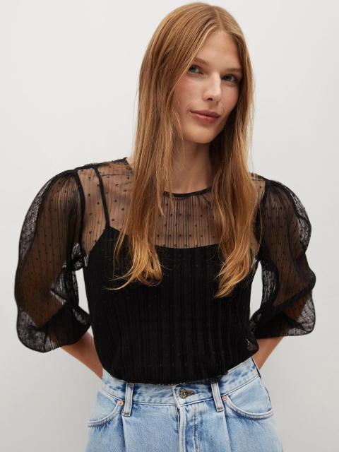 

MANGO Women Black Accordion Pleated Self Design Top