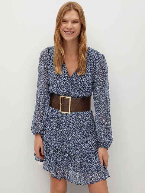 

MANGO Women Navy Blue Printed A-Line Dress