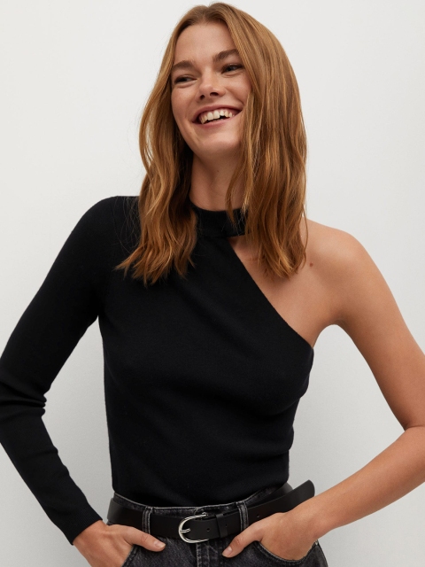

MANGO GreenTurn Women Black Solid One-Shoulder Fitted Top