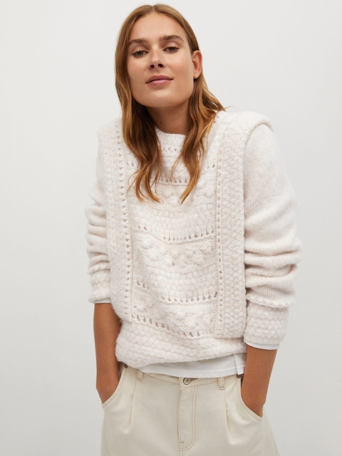 

MANGO Women White Open Knit Pullover