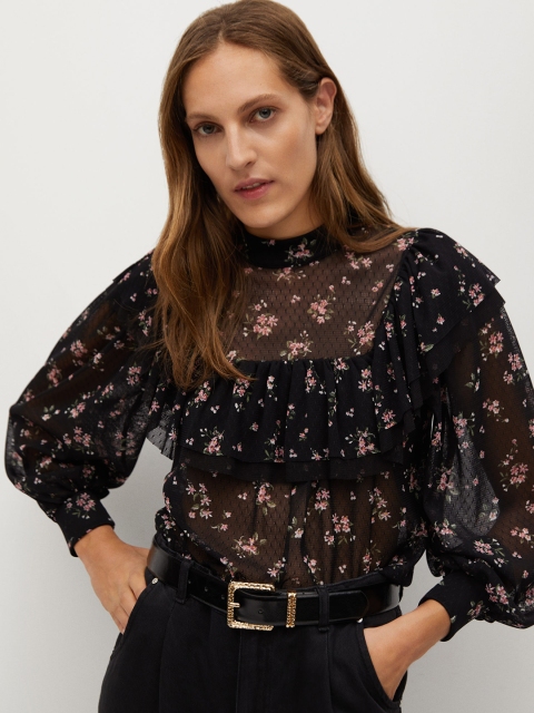 

MANGO Women Black Sheer Floral Print Top