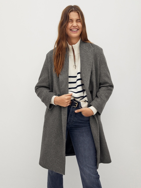 

MANGO Women Grey Sustainable Double-Breasted Solid Knee Length Overcoat