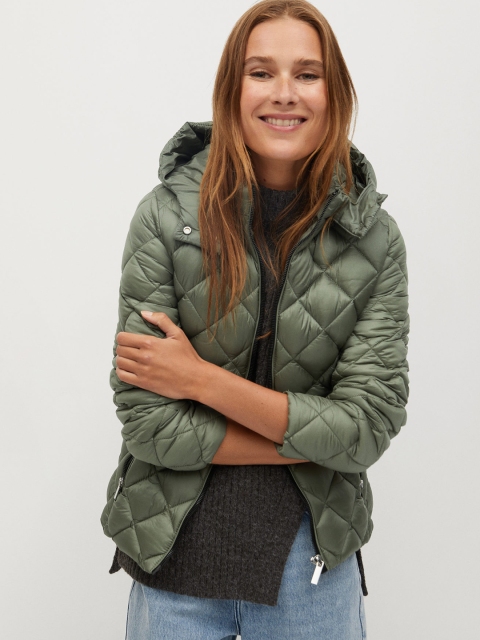 

MANGO Women Olive Green Solid Hooded Quilted Jacket