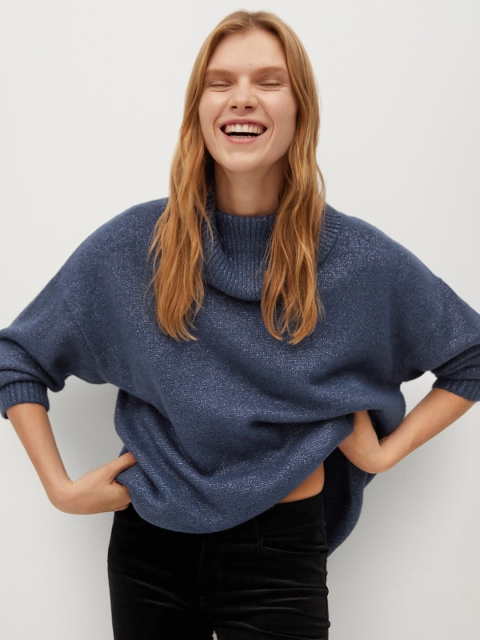 

MANGO Women Navy Blue Solid Pullover Sweater