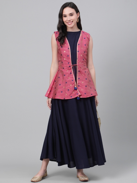

Readiprint Fashions Women Navy Blue Solid Anarkali Kurta With Jacket