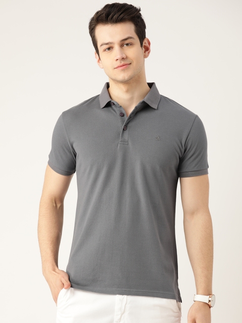 

United Colors of Benetton Men Charcoal Grey Pure Cotton Solid Polo Collar T-shirt