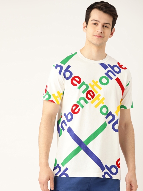 

United Colors of Benetton Men White & Blue Printed Round Neck T-shirt