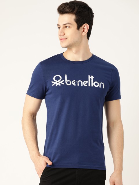 

United Colors of Benetton Men Navy Blue & White Printed Pure Cotton Round Neck T-shirt