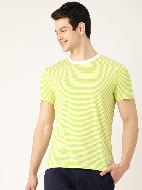 

United Colors of Benetton Men Lime Green & White Striped Round Neck T-shirt