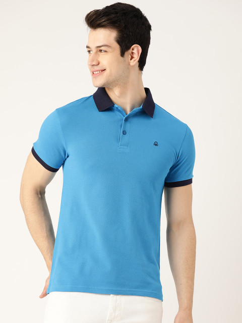 

United Colors of Benetton Men Blue Solid Pure Cotton Polo Collar T-shirt