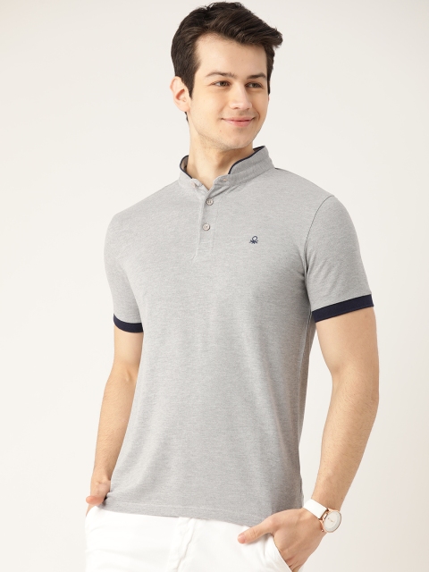 

United Colors of Benetton Men Grey Melange Solid Pure Cotton Stand Collar T-shirt