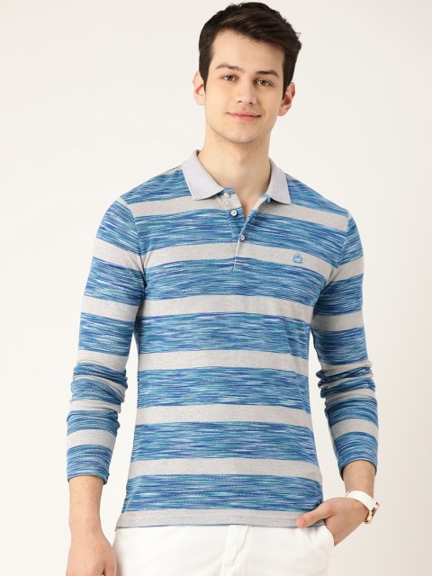 

United Colors of Benetton Men Blue & Grey Melange Striped Pure Cotton Polo Collar T-shirt