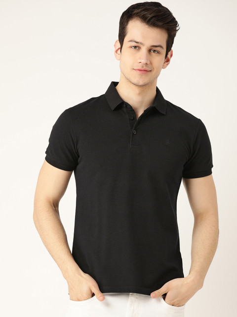 

United Colors of Benetton Men Black Solid Pure Cotton Polo Collar T-shirt