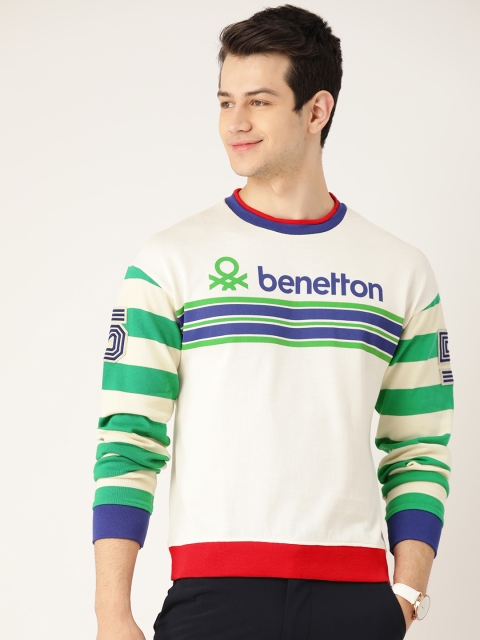 

United Colors of Benetton Men Off-White & Blue Brand Logo Print Pure Cotton T-shirt
