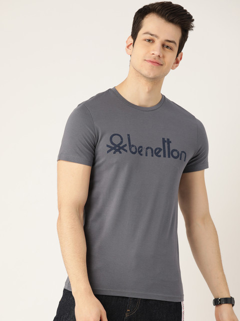 

United Colors of Benetton Men Grey & Navy Blue Pure Cotton Brand Logo Print T-shirt