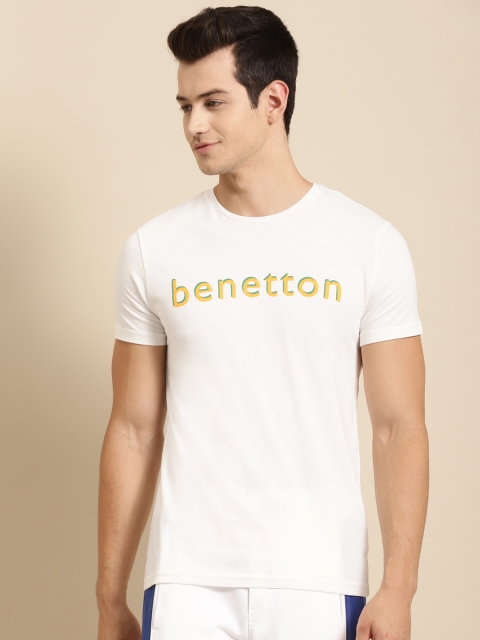 

United Colors of Benetton Men Off White & Mustard Yellow Brand Logo Pure Cotton T-shirt