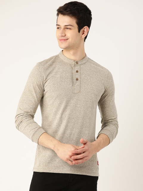 

United Colors of Benetton Men Beige Self Striped Henley Neck T-shirt