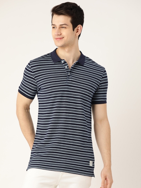 

United Colors of Benetton Men Blue Striped Pure Cotton Polo Collar T-shirt