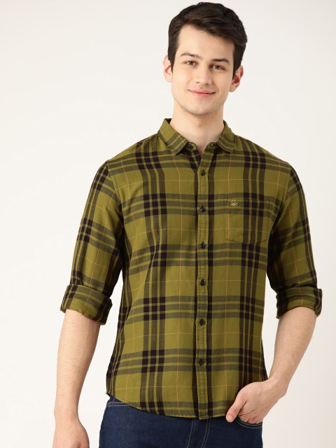 

United Colors of Benetton Men Olive Green & Navy Blue Slim Fit Checked Casual Shirt