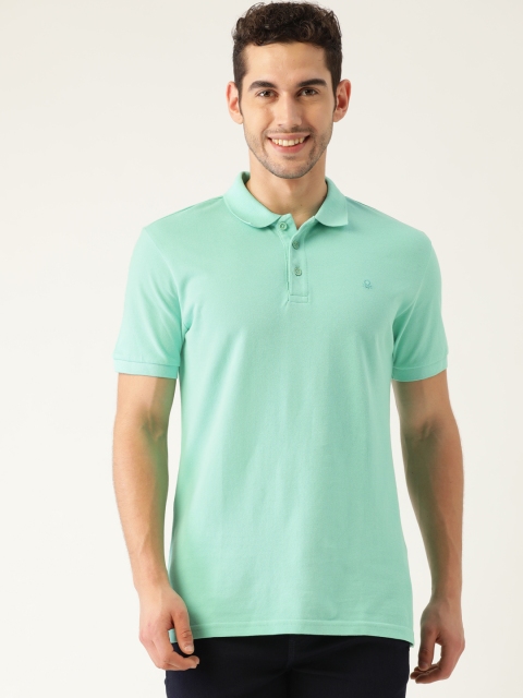 

United Colors of Benetton Men Green Solid Pure Cotton Polo Collar T-shirt