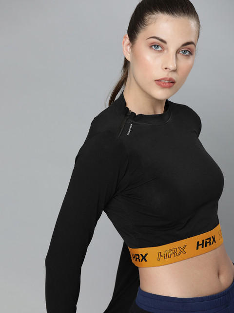 

HRX By Hrithik Roshan Women Jet Black Colourblock Lycra Rapid-Dry Antimicrobial Training Tshirt