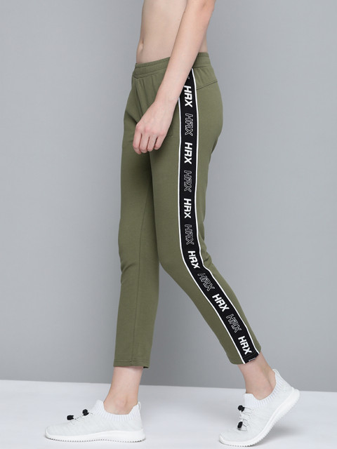 

HRX By Hrithik Roshan Women Burnt Olive & Jet Black Colourblock Tappered Fit Lycra Rapid-Dry Antimicrobial Running Joggers