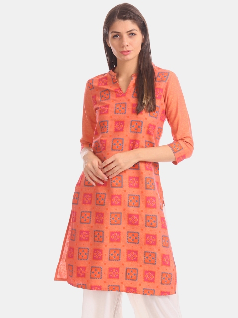 

Karigari Women Orange & Red Checked Straight Kurta