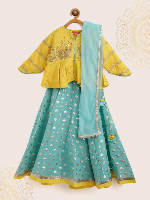 

Biba Girls Blue & Yellow Embroidered Ready to Wear Lehenga & Blouse with Dupatta