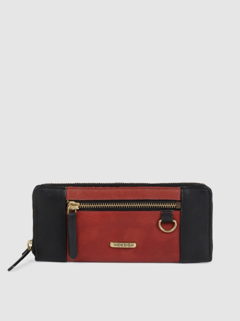 

Hidesign Women Rust Red & Black Colourblocked SURFER Leather Zip Around Wallet