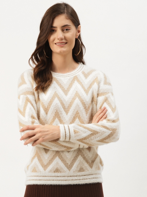 

Madame Women White & Beige Fuzzy Chevron Patterned Pullover
