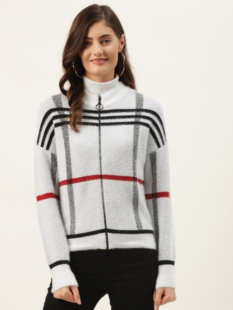 

Madame Women Off-White & Black Checked Fuzzy Cardigan
