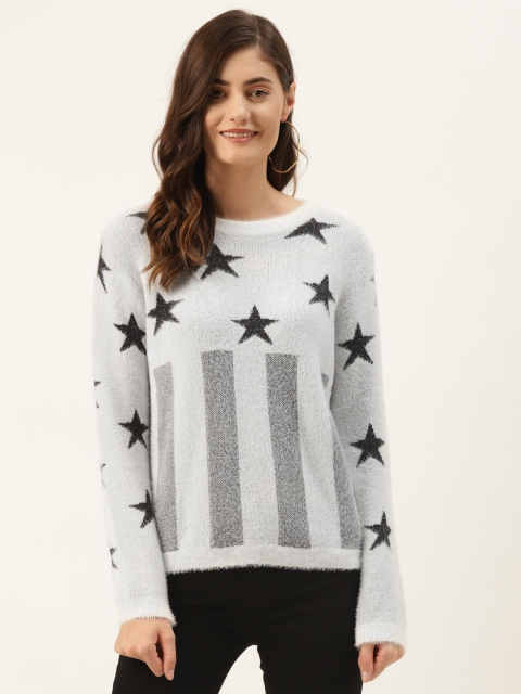 

Madame Women Off-White & Black Woven-Design Fuzzy Pullover