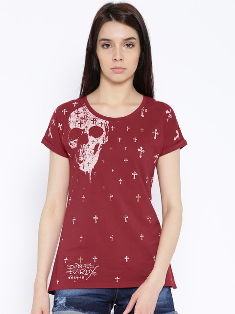 

Ed Hardy Maroon Printed T-shirt