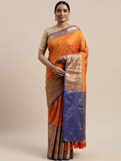 

VASTRANAND Orange & Blue Silk Cotton Woven Design Banarasi Saree