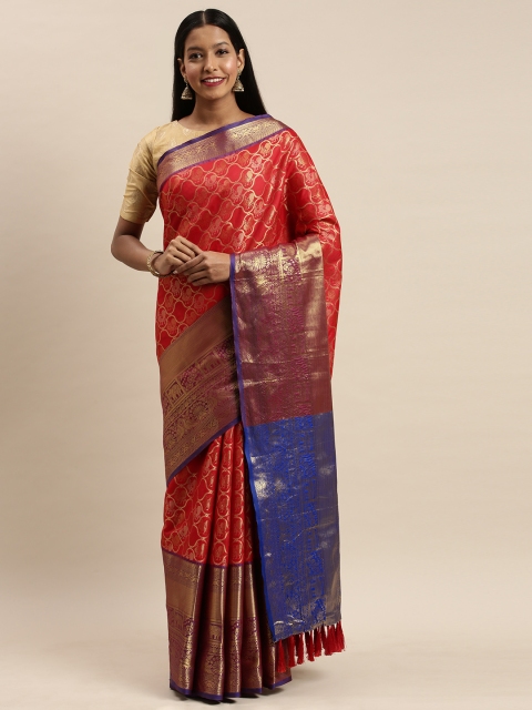 

VASTRANAND Red & Gold-Toned Silk Cotton Woven Design Banarasi Saree
