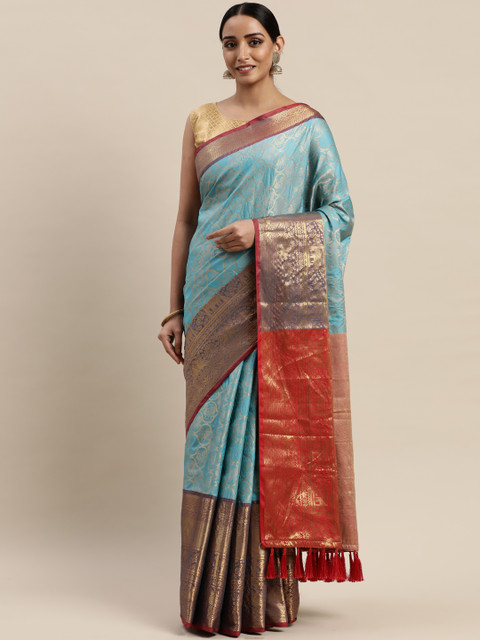 

VASTRANAND Turquoise Blue & Golden Silk Cotton Woven Design Kanjeevaram Saree