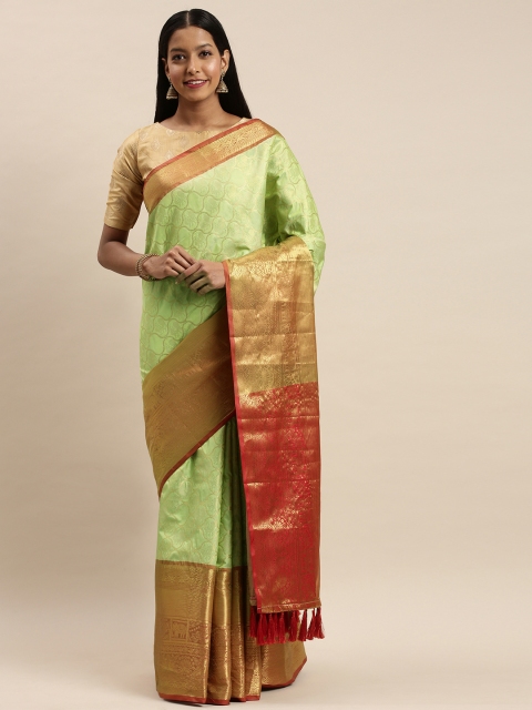 

VASTRANAND Fluorescent Green & Red Silk Cotton Woven Design Banarasi Saree