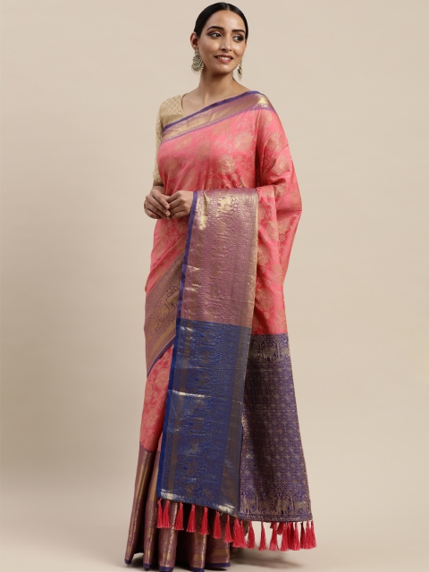 

VASTRANAND Peach-Coloured & Gold-Toned Silk Cotton Woven Design Banarasi Saree