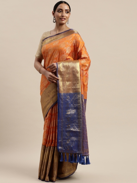 

VASTRANAND Orange & Blue Silk Cotton Woven Design Banarasi Saree