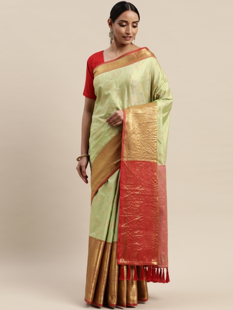 

VASTRANAND Green & Gold-Toned Silk Cotton Woven Design Banarasi Saree