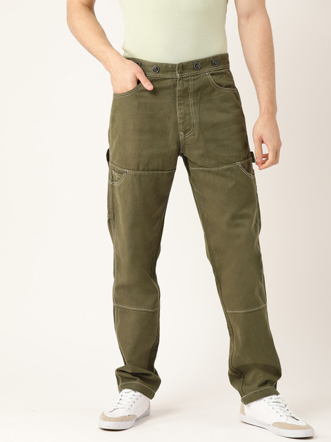 

United Colors of Benetton Men Olive Green Pure Cotton Regular Fit Solid Denim Cargos