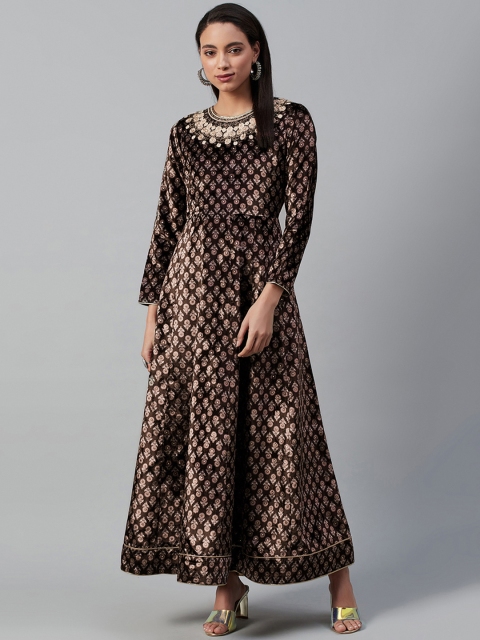 

WISHFUL Women Coffee Brown & Beige Printed Velvet Finish Maxi Dress