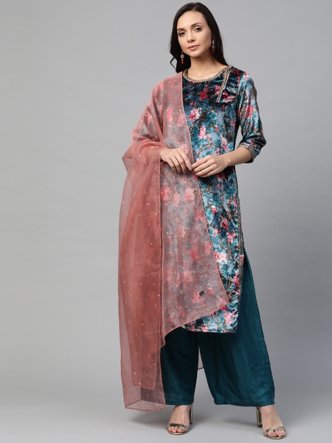 

WISHFUL Women Teal Blue & Pink Floral Print Velvet Finish Kurta with Palazzos & Dupatta