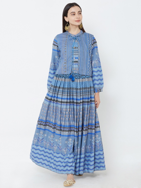 

FASHOR Women Blue Foil Floral printed Maxi with Jacket